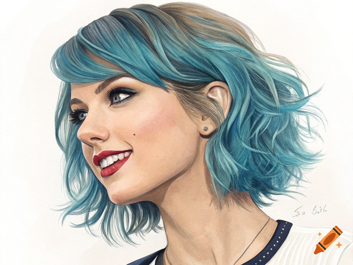 Realistic illustration of a woman with short blue hair smiling.