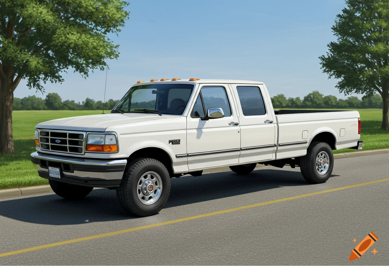 A white 1997 Ford F-250 truck sits on a road with trees.