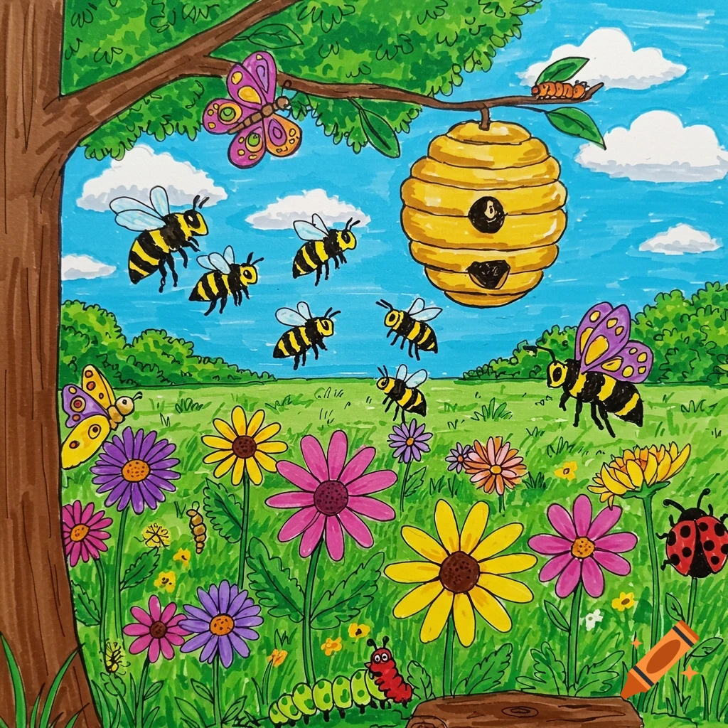Marker illustration of bees flying around a beehive in a field of flowers.