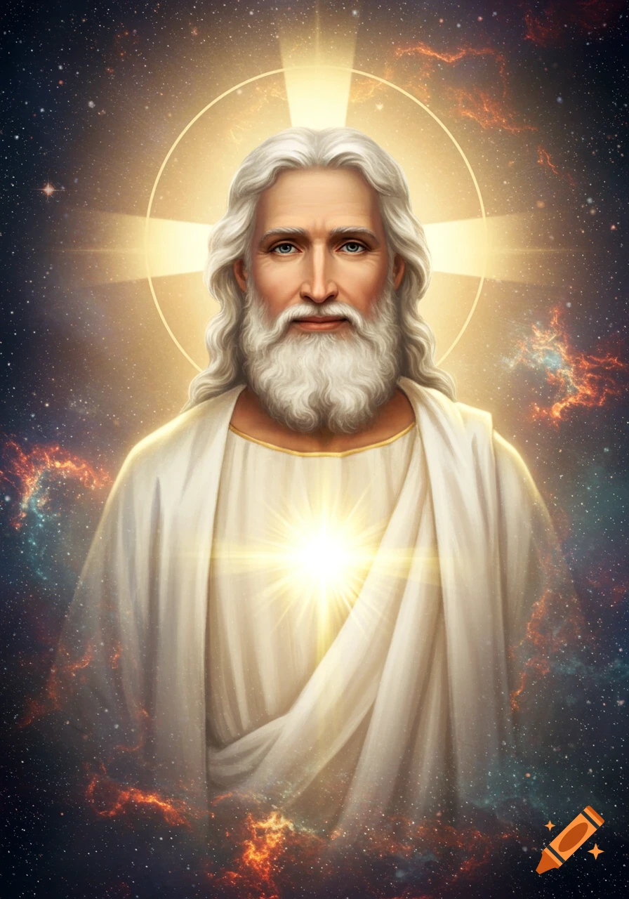A figure resembling God with a white beard, glowing light, and a galactic background.
