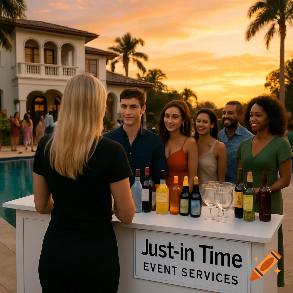 Bartender serving guests at a bar during a mansion pool party at sunset. A sign on the bar reads 'Just-in Time Event Services'.