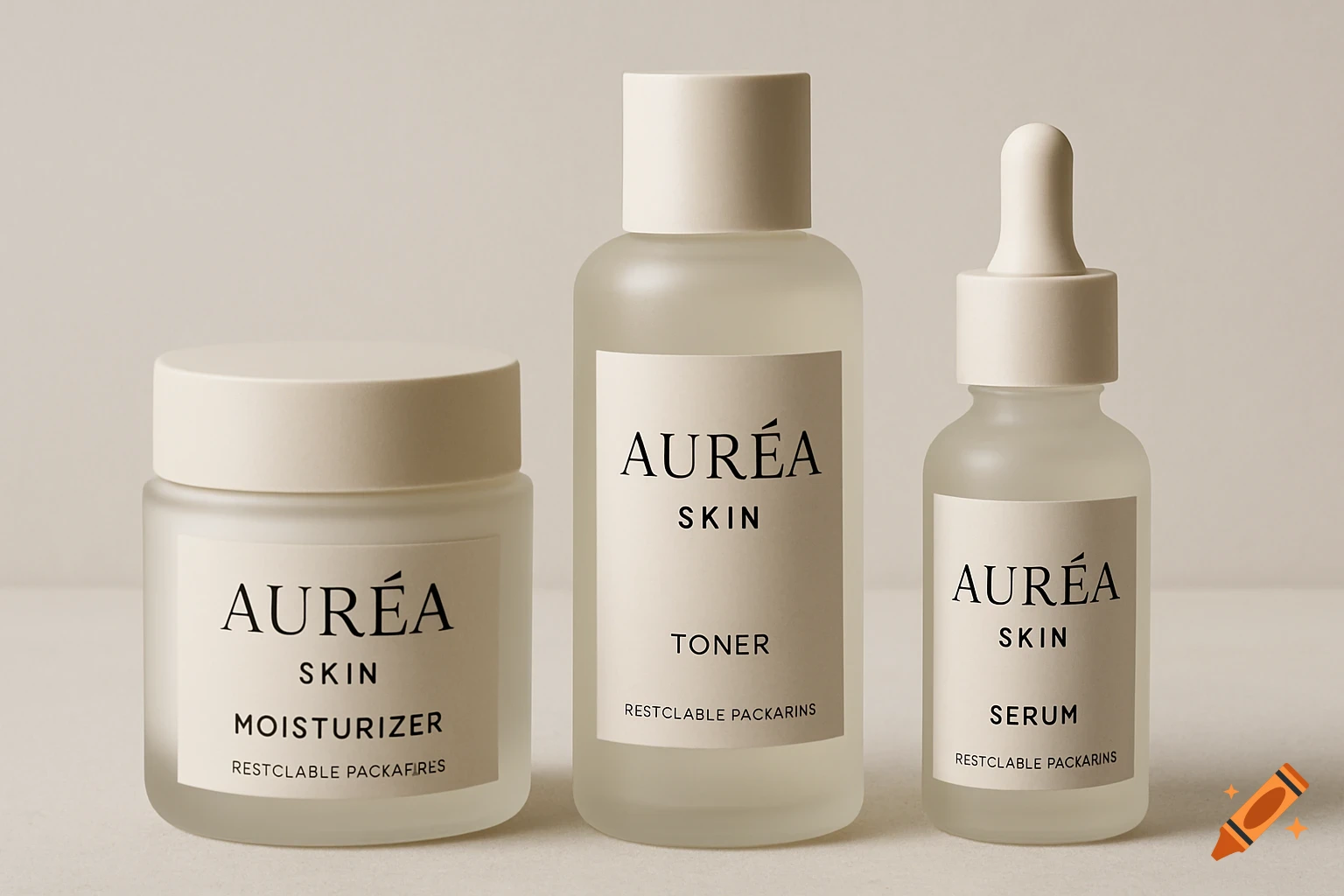 Three frosted glass bottles and jar of skincare products with labels.