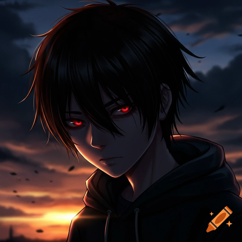 Anime portrait of a brooding boy with black hair and red eyes in a hoodie against a sunset sky.