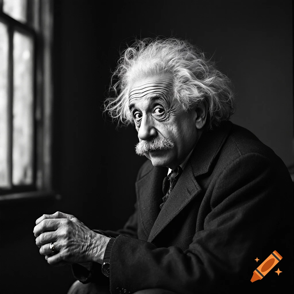 Black and white photorealistic portrait of Albert Einstein looking intensely at the viewer near a window.