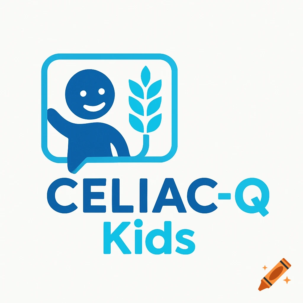 Logo for CELIAC-Q Kids with blue person and wheat stalk.