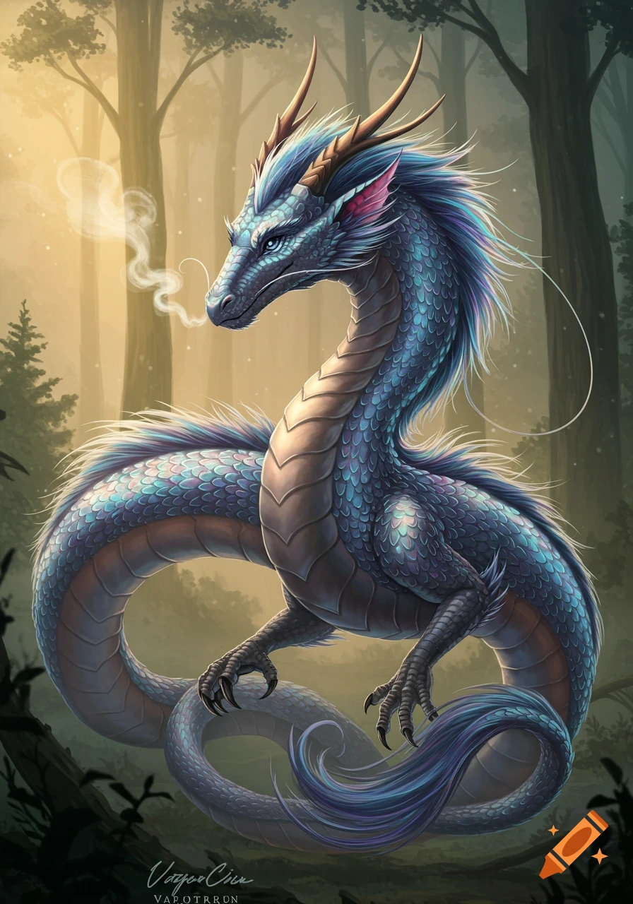A blue and purple dragon breathing smoke stands in a forest.