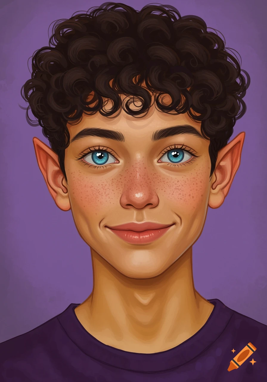 Digital illustration of a young boy with curly brown hair, blue eyes, freckles, and pointed elf ears smiling.