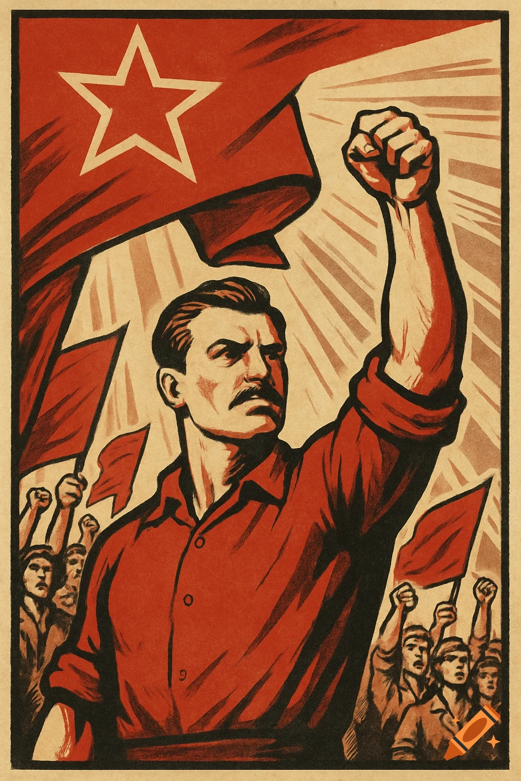 Stylized propaganda drawing of a man with raised fist under a large red flag with a star, with a crowd below.