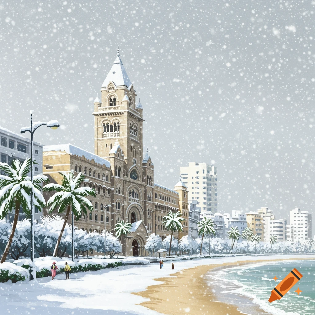 A large building and palm trees are on a beach during a snowfall.