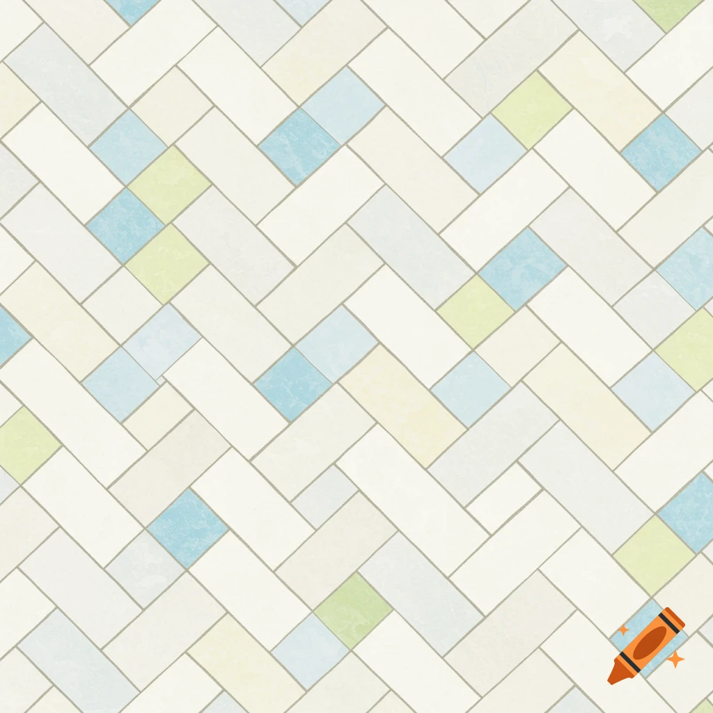 A herringbone tile pattern with white, light blue, light yellow, and green tiles.
