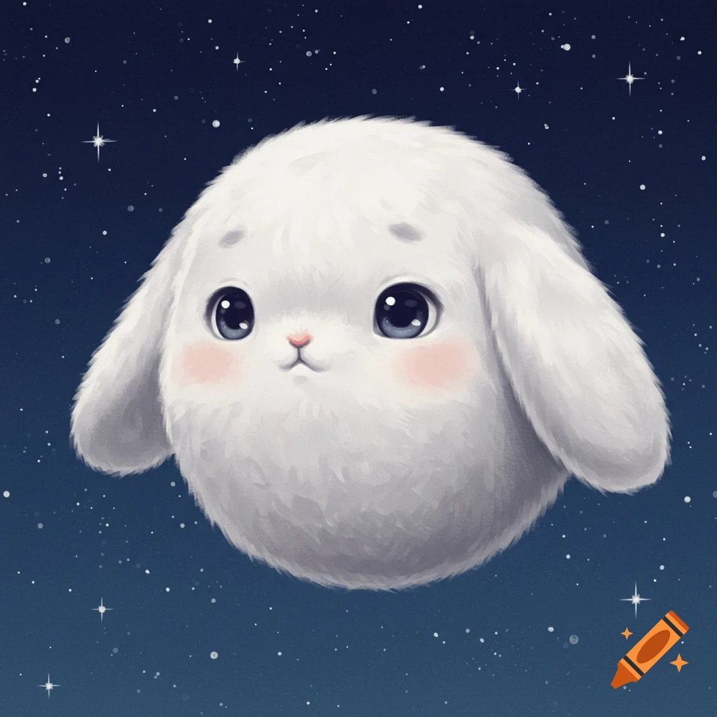 A cute fluffy white creature, like a rabbit moon, in space with stars.