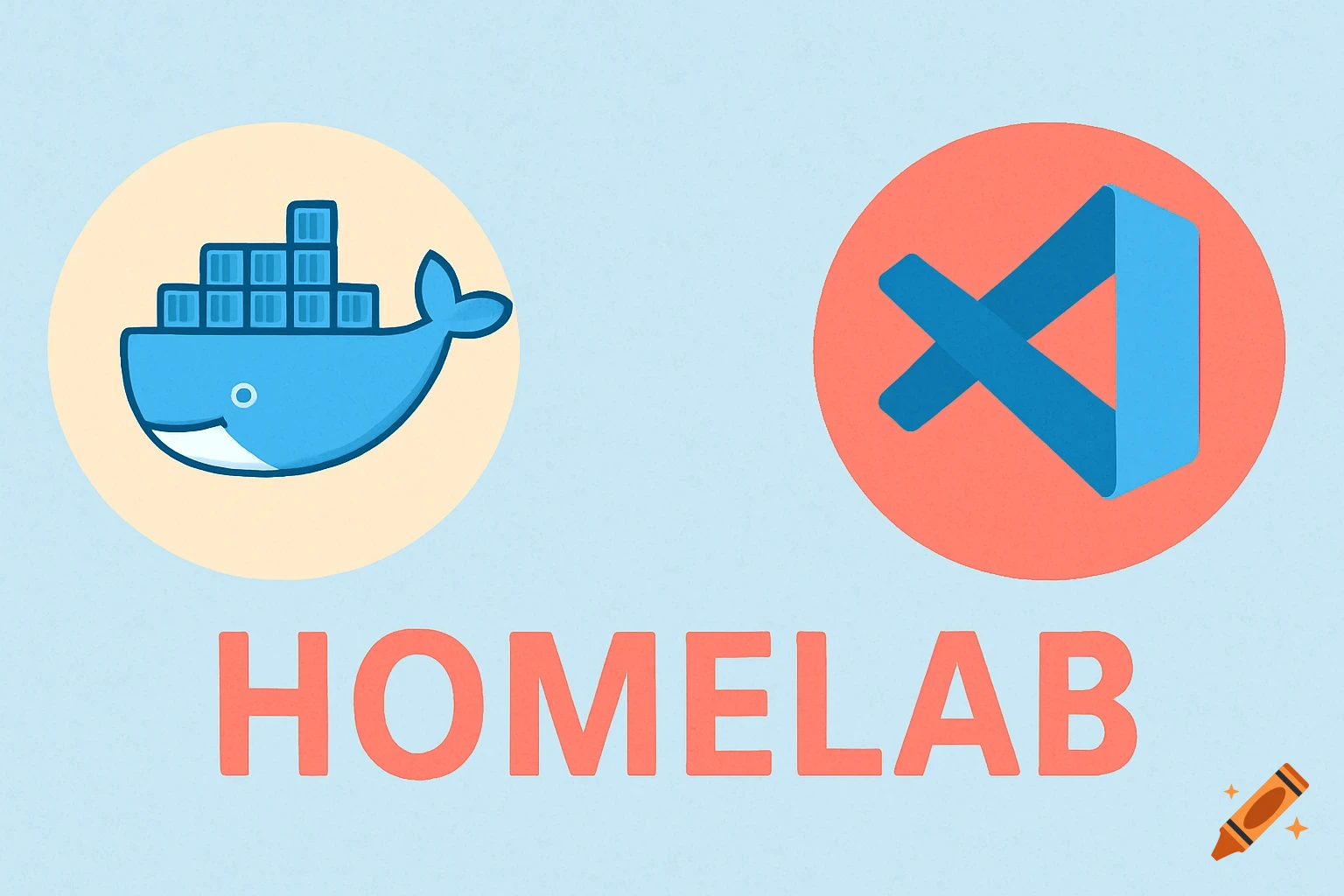 Illustration of the Docker whale and VSCode logos with the text HOMELAB.