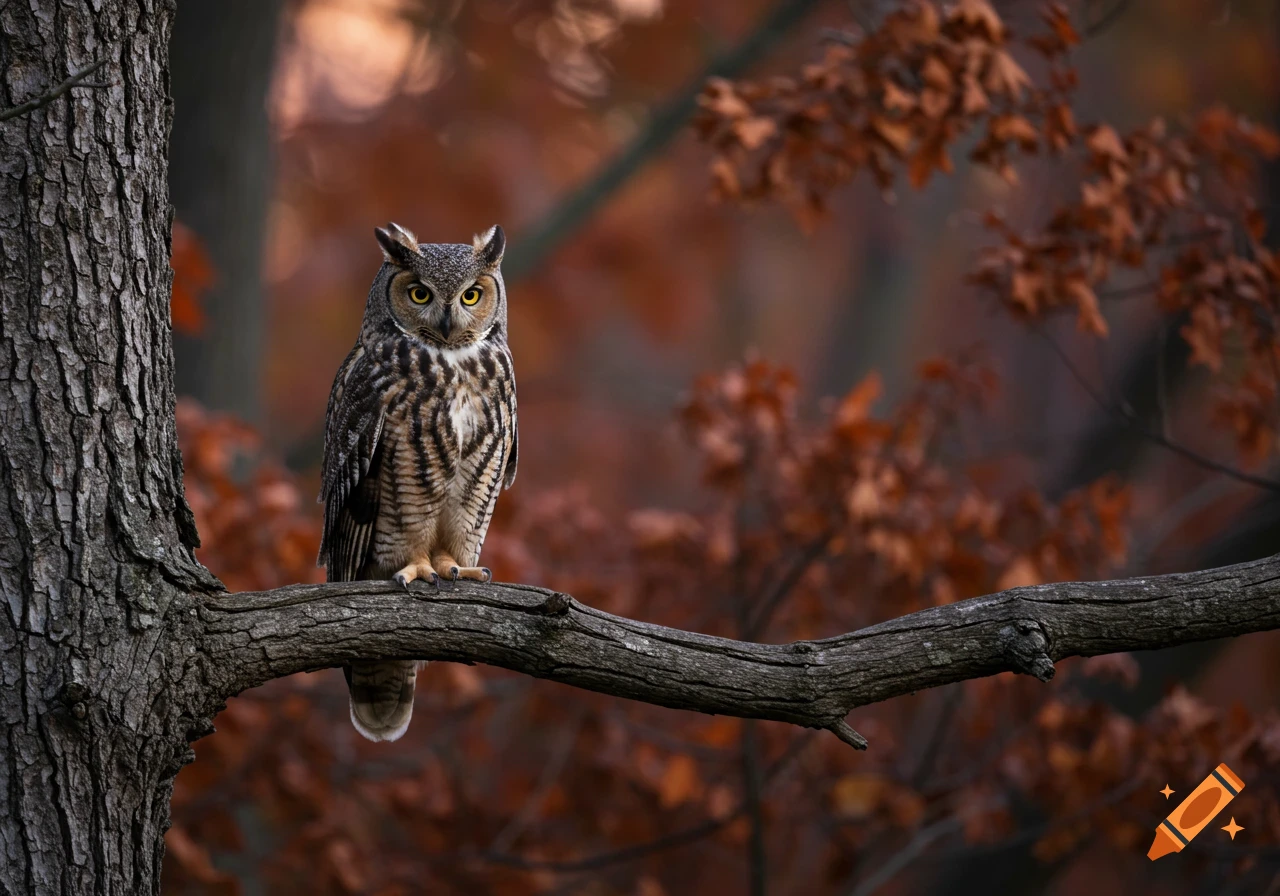 A Great Horned Owl perches on a branch in an autumn forest at dusk. Photorealistic.