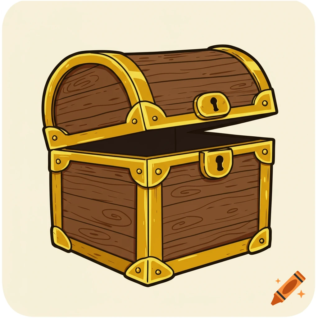 A simple 2d cartoon illustration of an open wooden treasure chest with gold trim.