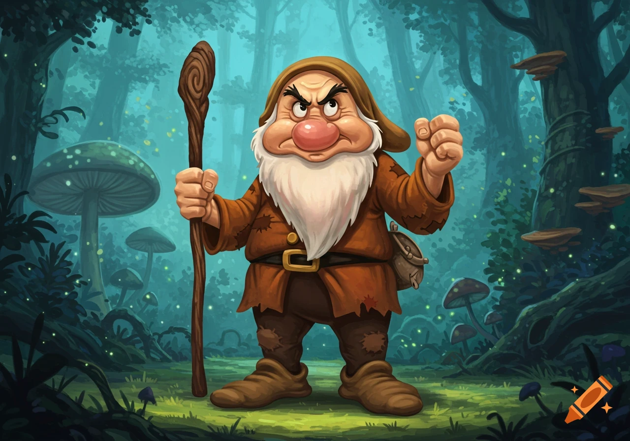 A grumpy dwarf holding a staff in a magical forest