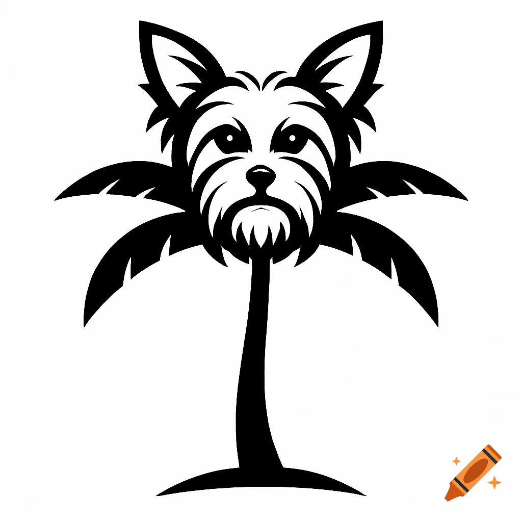 Black and white vector logo of a Yorkshire Terrier head on a palm tree