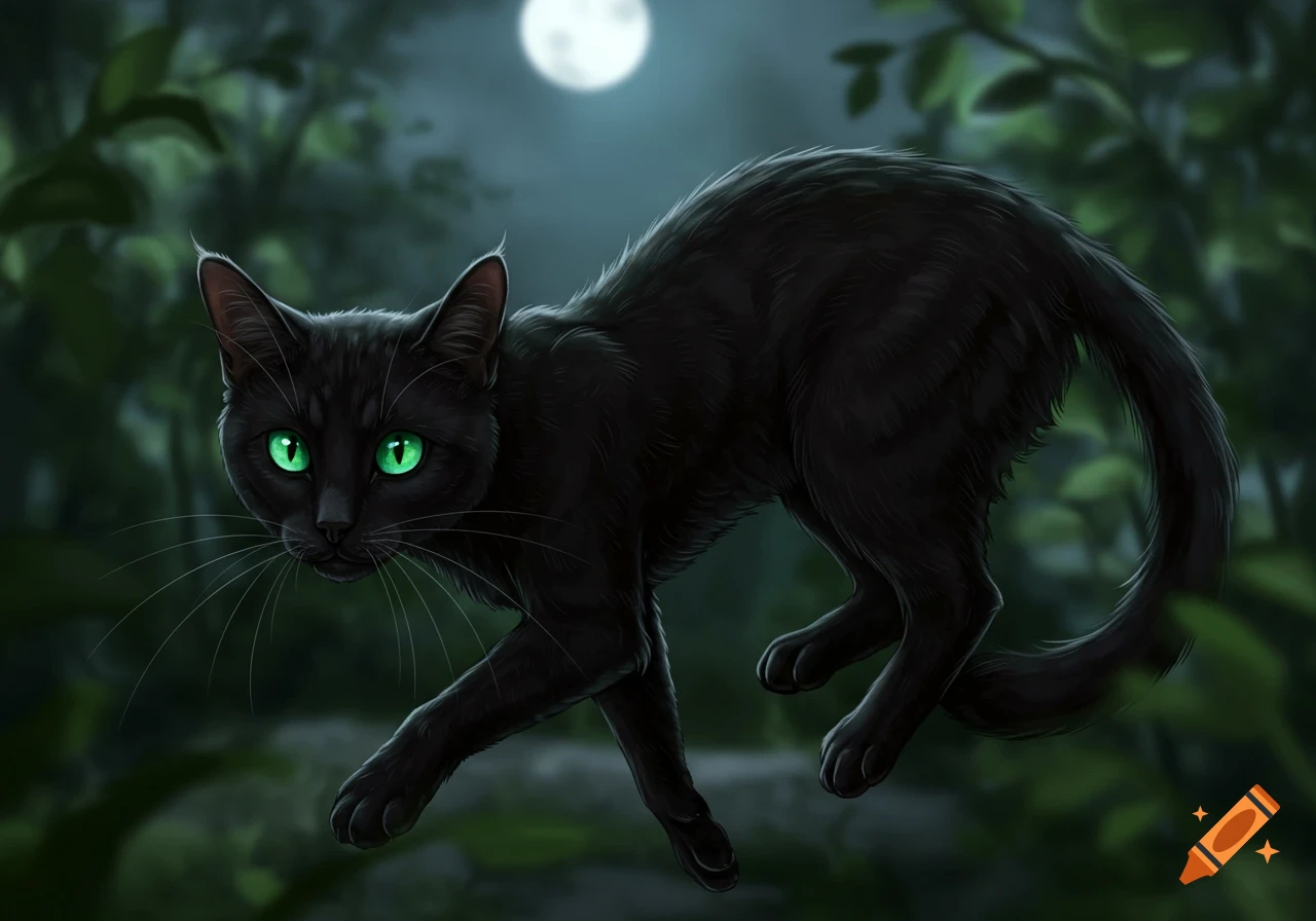 A black cat with glowing green eyes looks out from a dark, spooky forest at night under a full moon.