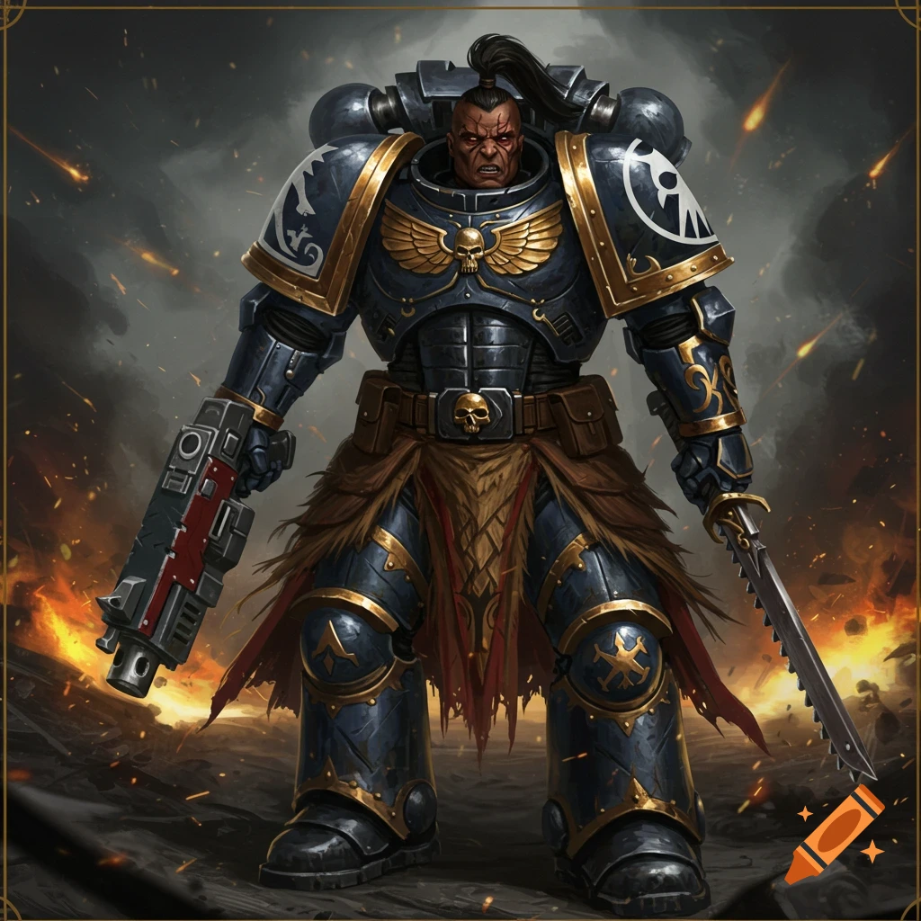 A muscular Samoan Space Marine in blue and gold armor holds a bolter and chainsword on a fiery battlefield.