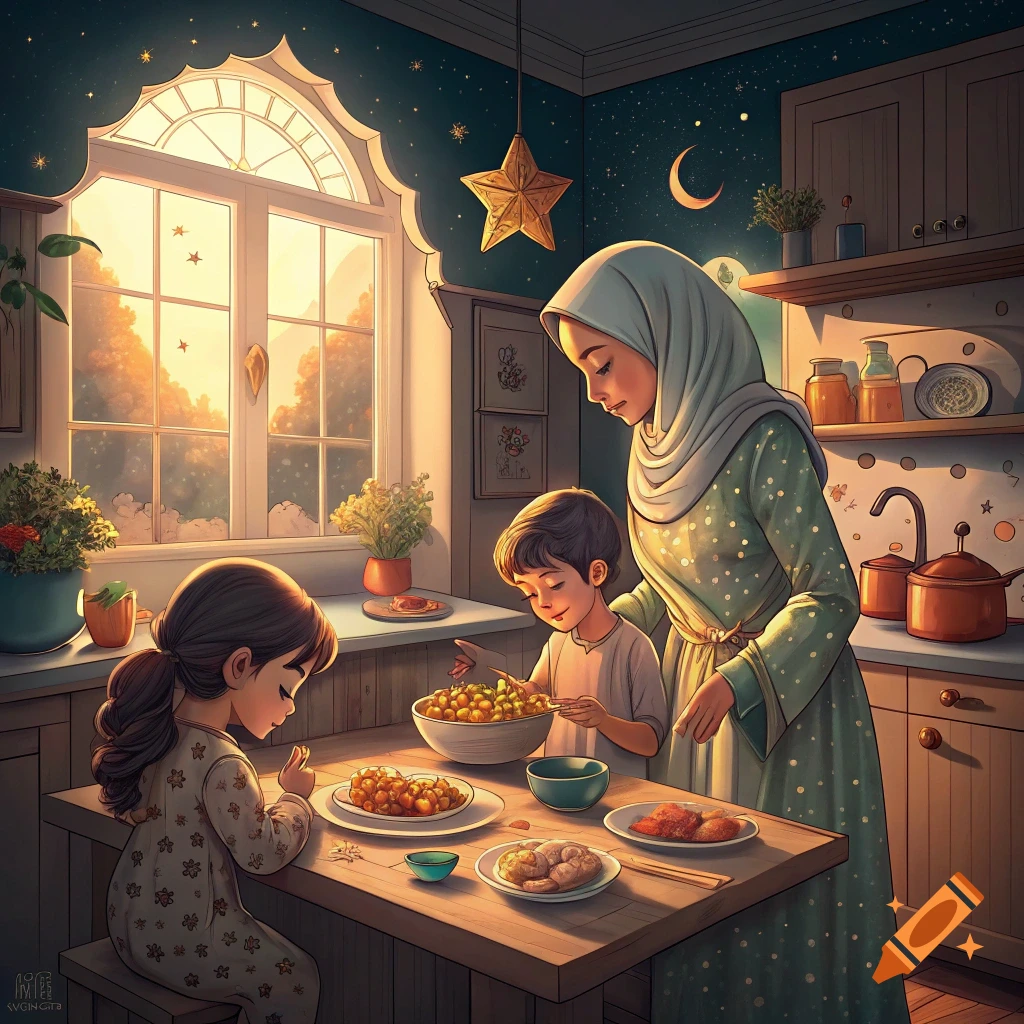 A mother and two children eating a meal together at a table in a kitchen with a bright window.