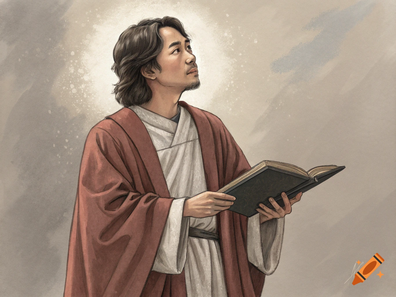 A man in red and white robes holding a book and looking up