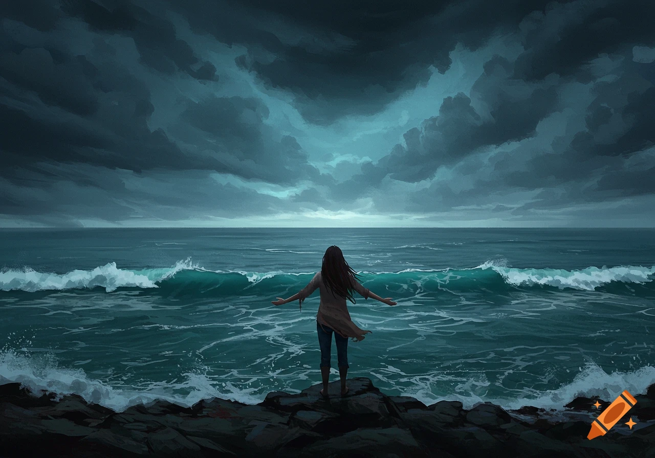 A person standing on rocks looking out at a stormy ocean under dark clouds.