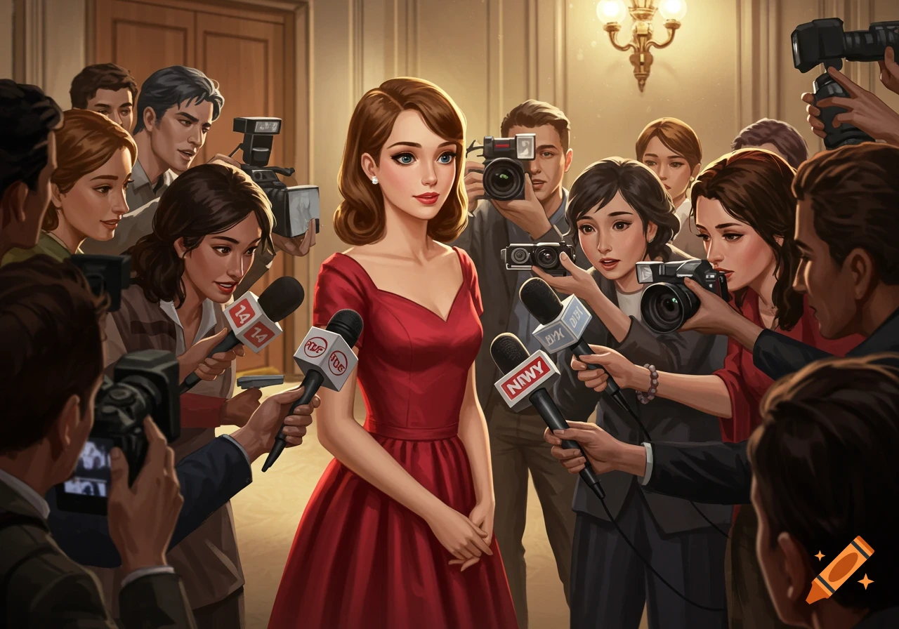 A girl in a red dress is surrounded by reporters with microphones and cameras.