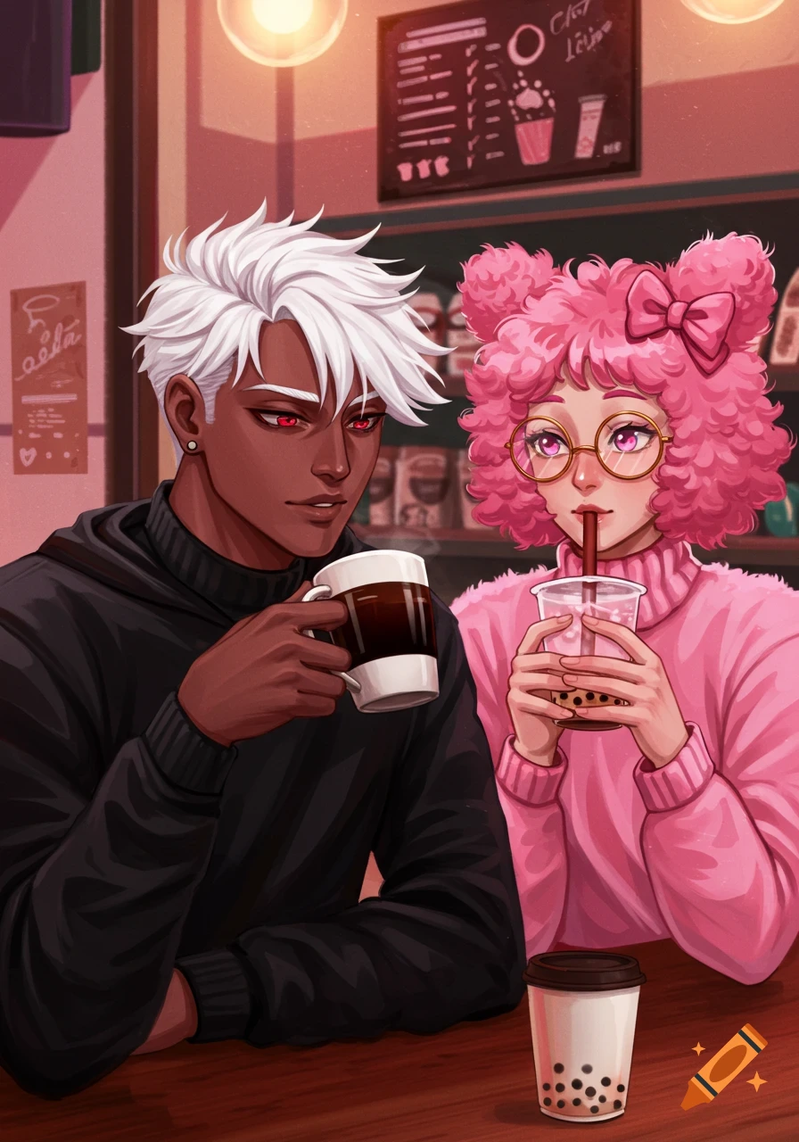 Anime-style characters drinking coffee and boba tea in a cafe.