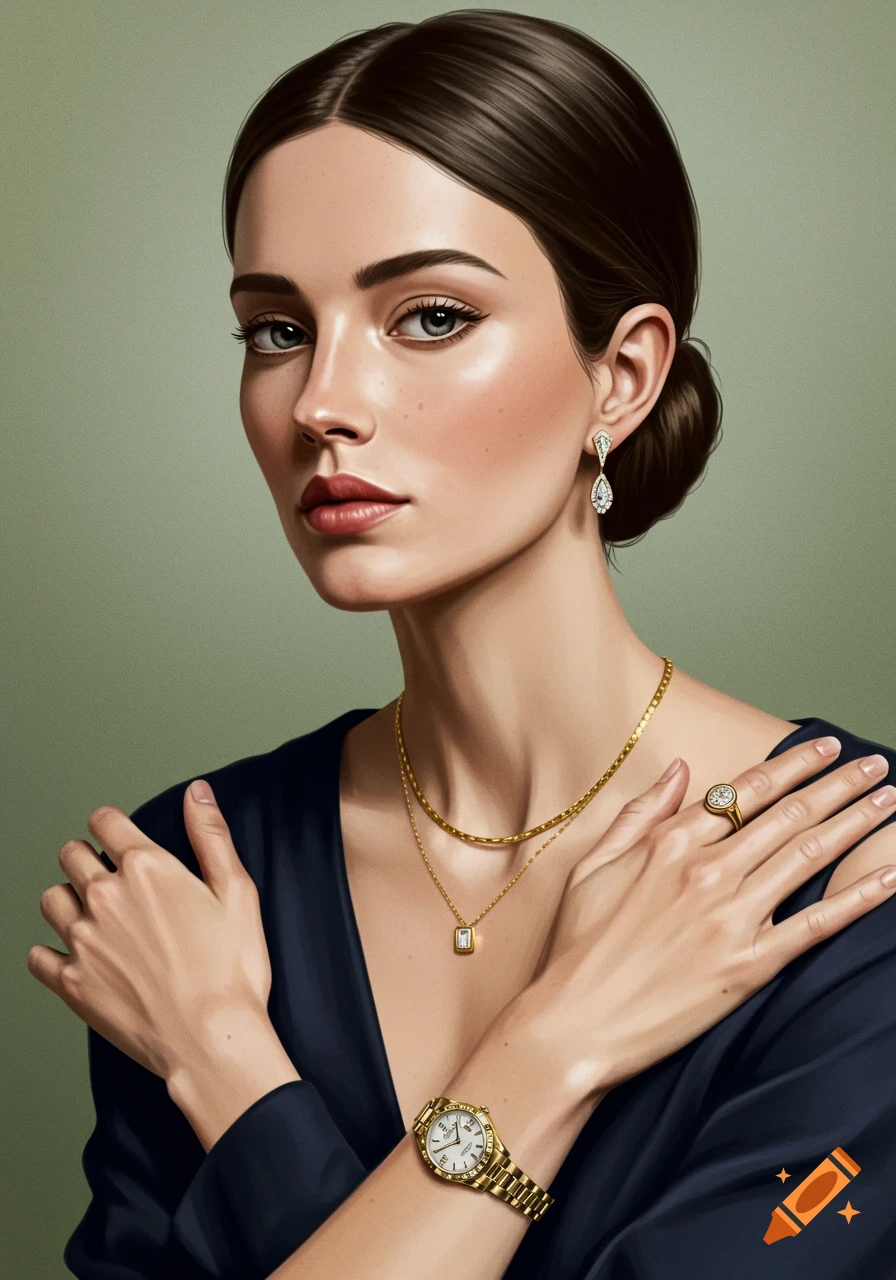 Painting of a woman in a black dress wearing a necklace, earrings, ring, and watch.