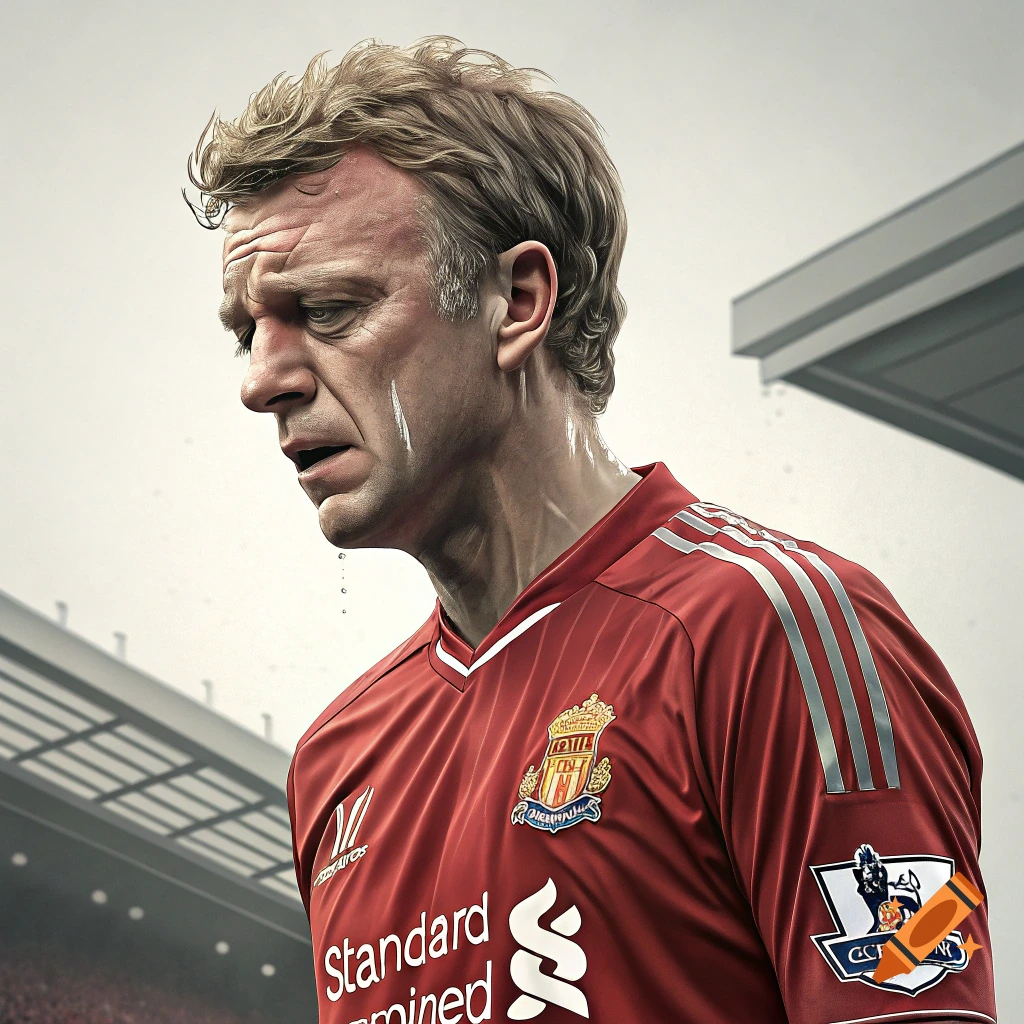 Photorealistic portrait of a man in a red football kit crying in a stadium.