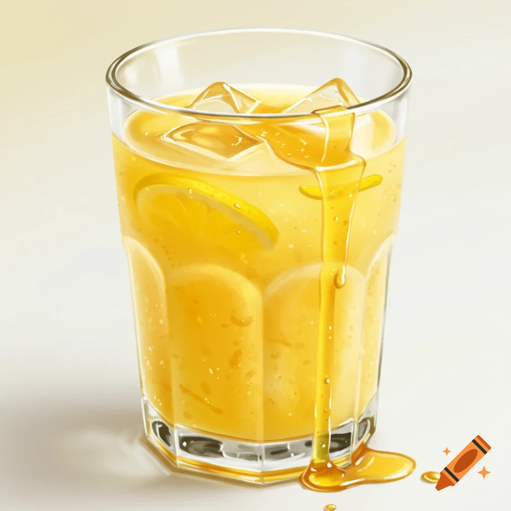 A glass of lemon honey drink with ice, a lemon slice, and honey dripping down the side.