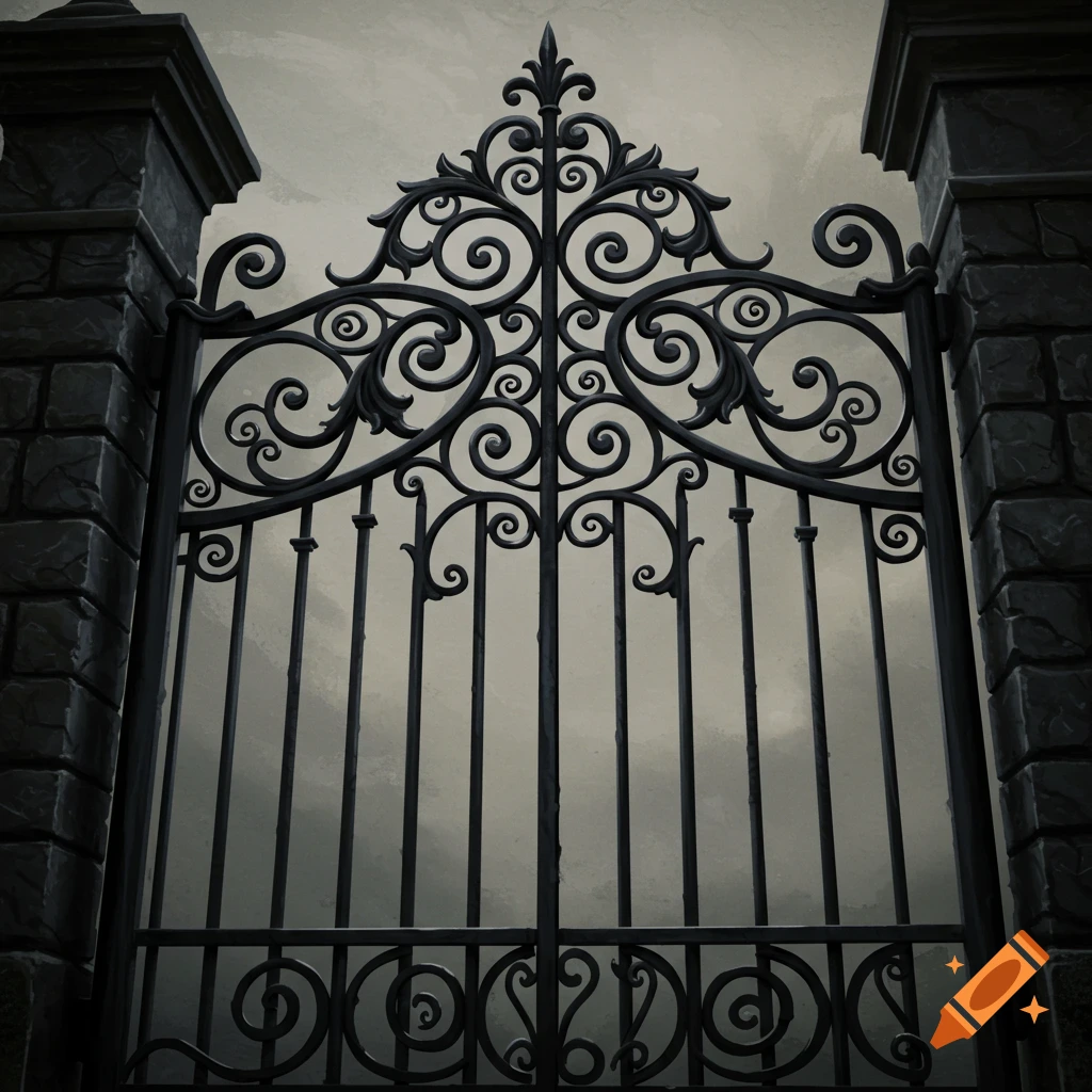 An ornate black iron gate and stone pillars under a cloudy sky.