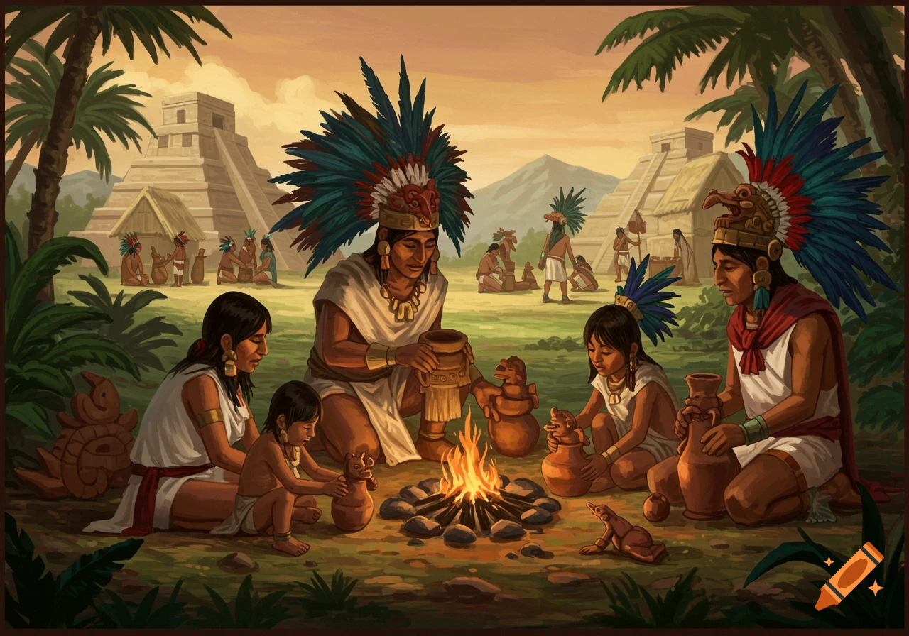 Aztec family crafting pottery around a fire with pyramids in the background.