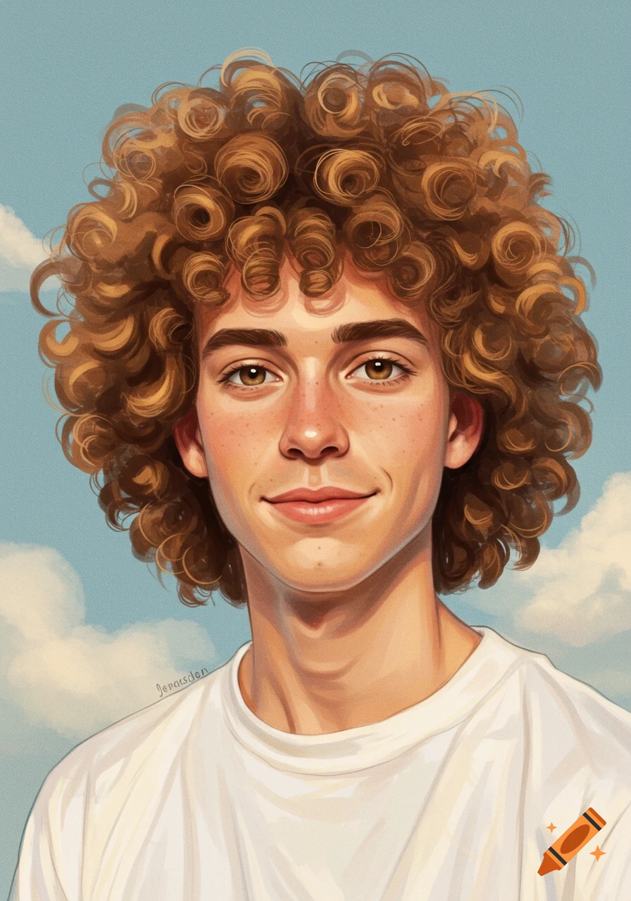Portrait of a smiling young man with a perm against a cloudy sky background.