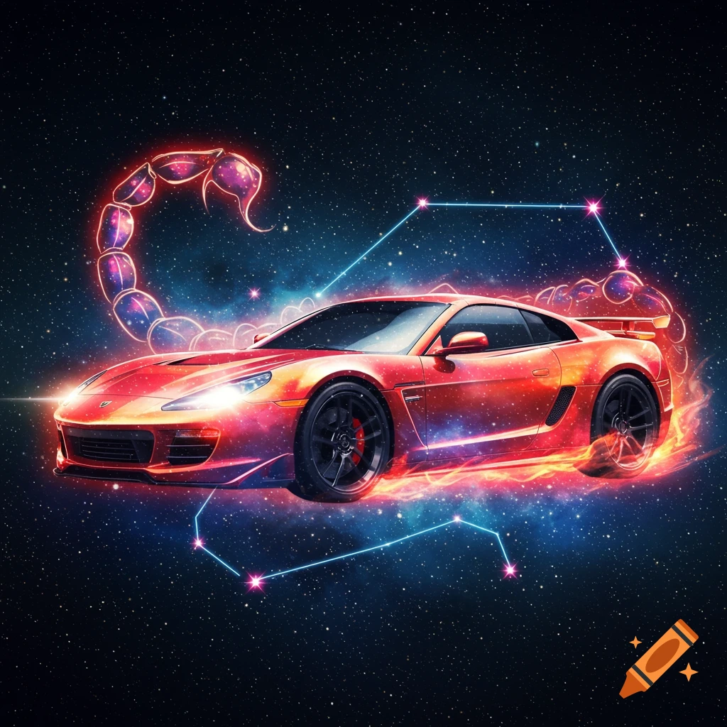 A red sports car and a scorpion constellation in space