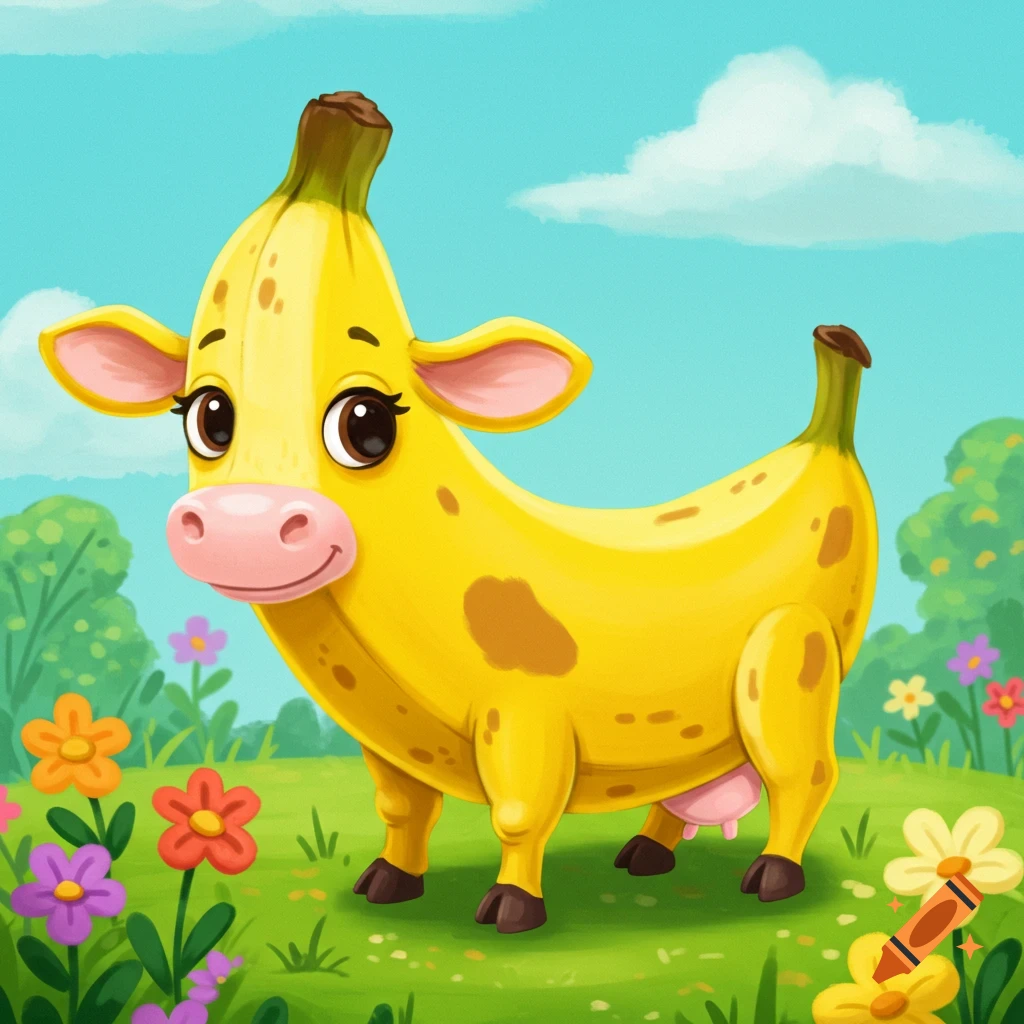 A cute cartoon banana cow stands in a field of flowers.