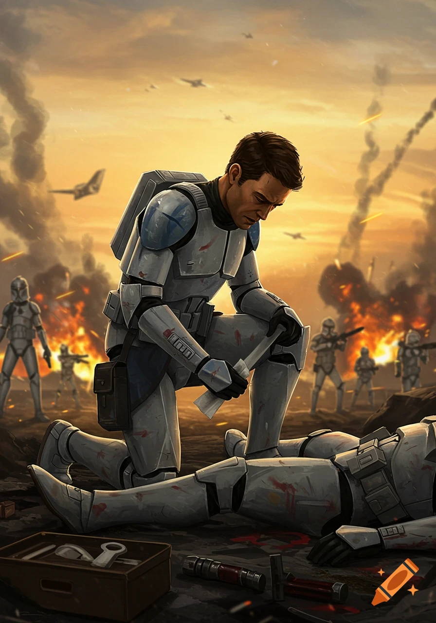 A soldier kneels over a fallen comrade on a battlefield at sunset.