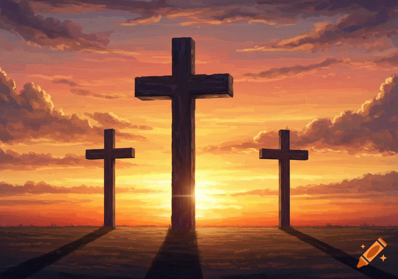 Three crosses silhouetted against a vibrant sunset sky.