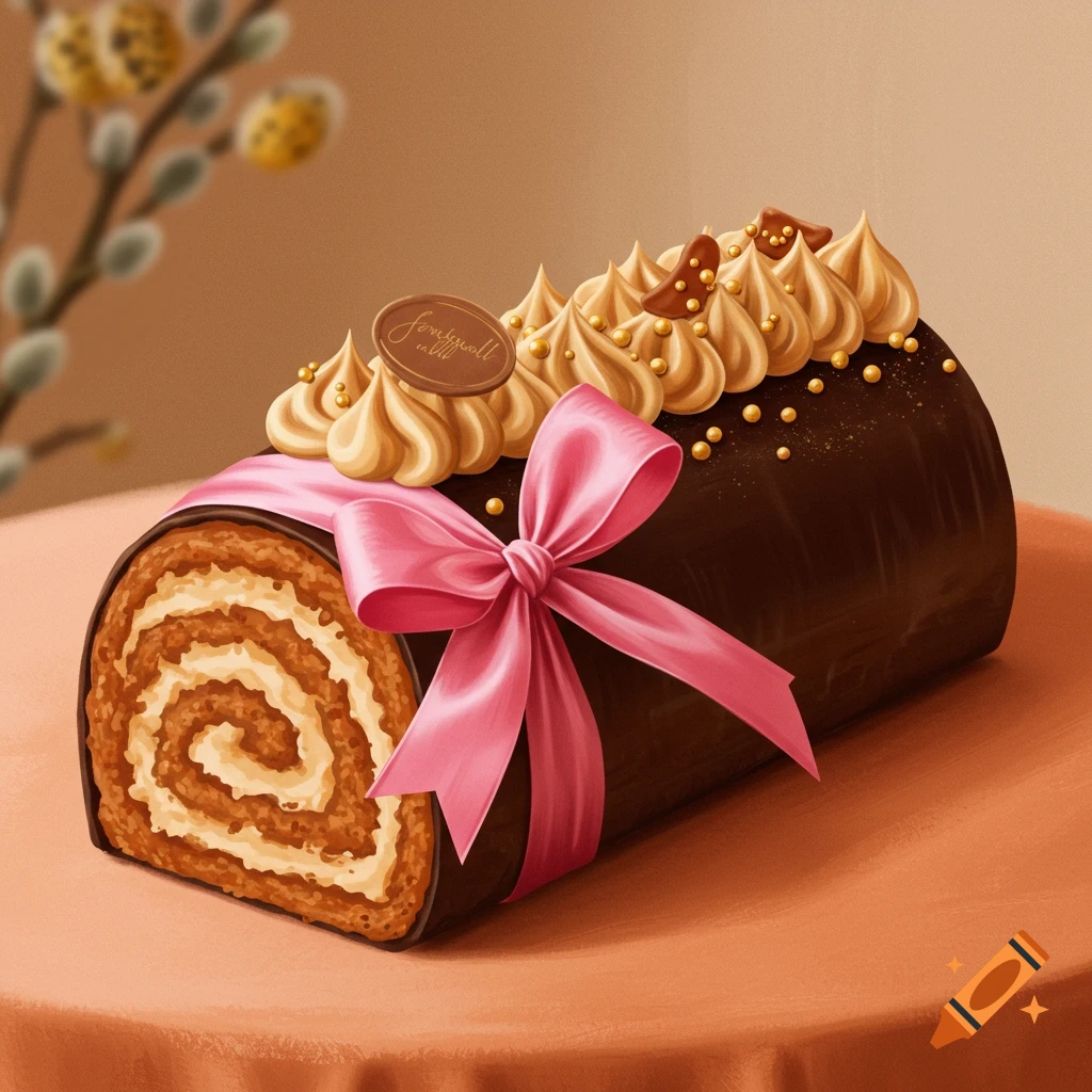 A chocolate log cake decorated with frosting, gold sprinkles, a pink ribbon, and a chocolate tag on a table with pussy willow branches in the background.
