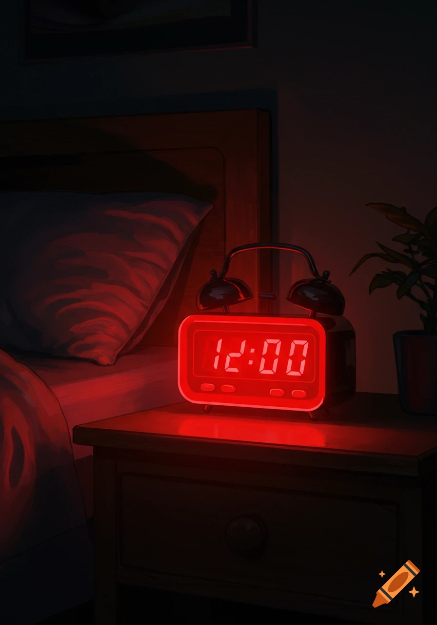 A red digital alarm clock displaying 12:00 sits on a bedside table next to a bed.