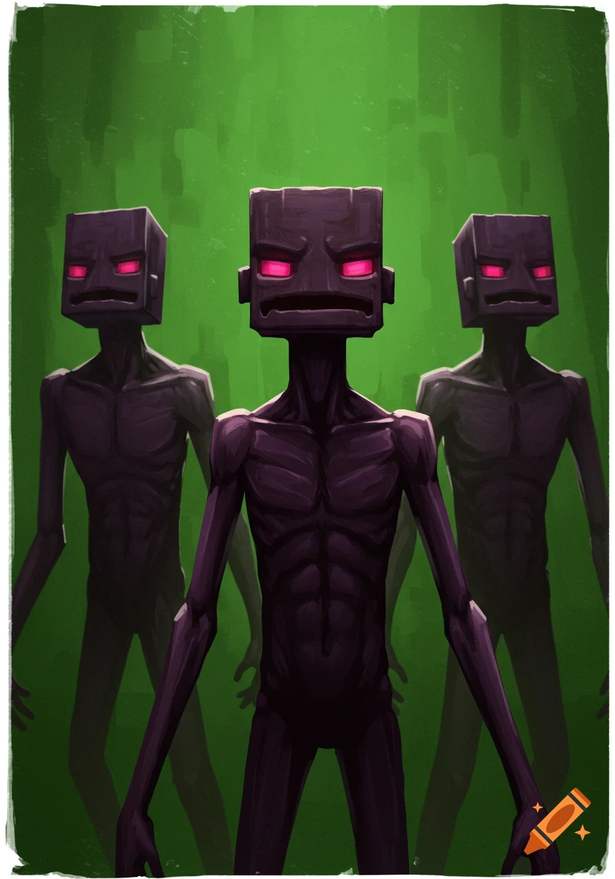 Three Endermen from Minecraft are standing against a green background