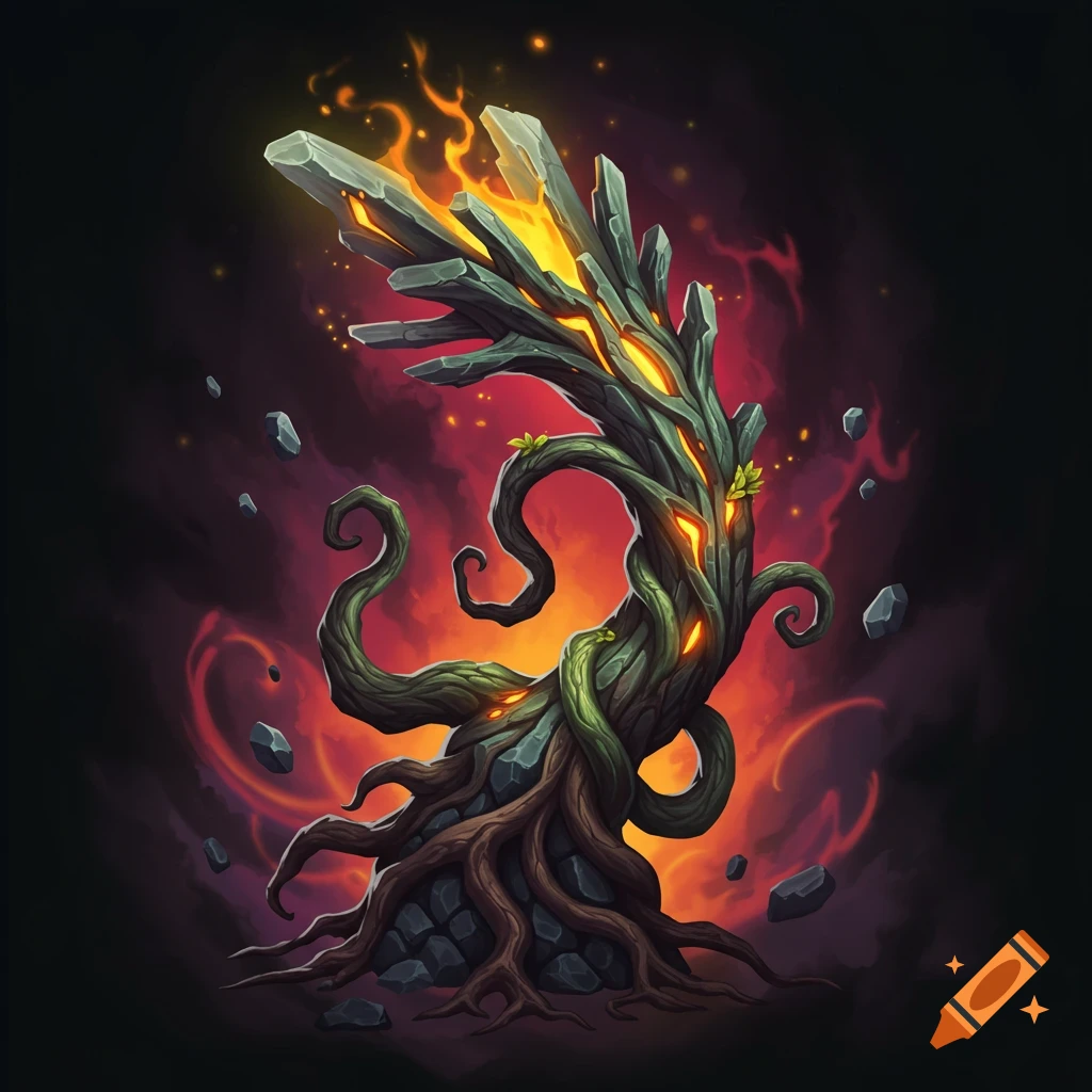 A glowing stone and root entity like a weaponized branch, with flames and floating rocks.