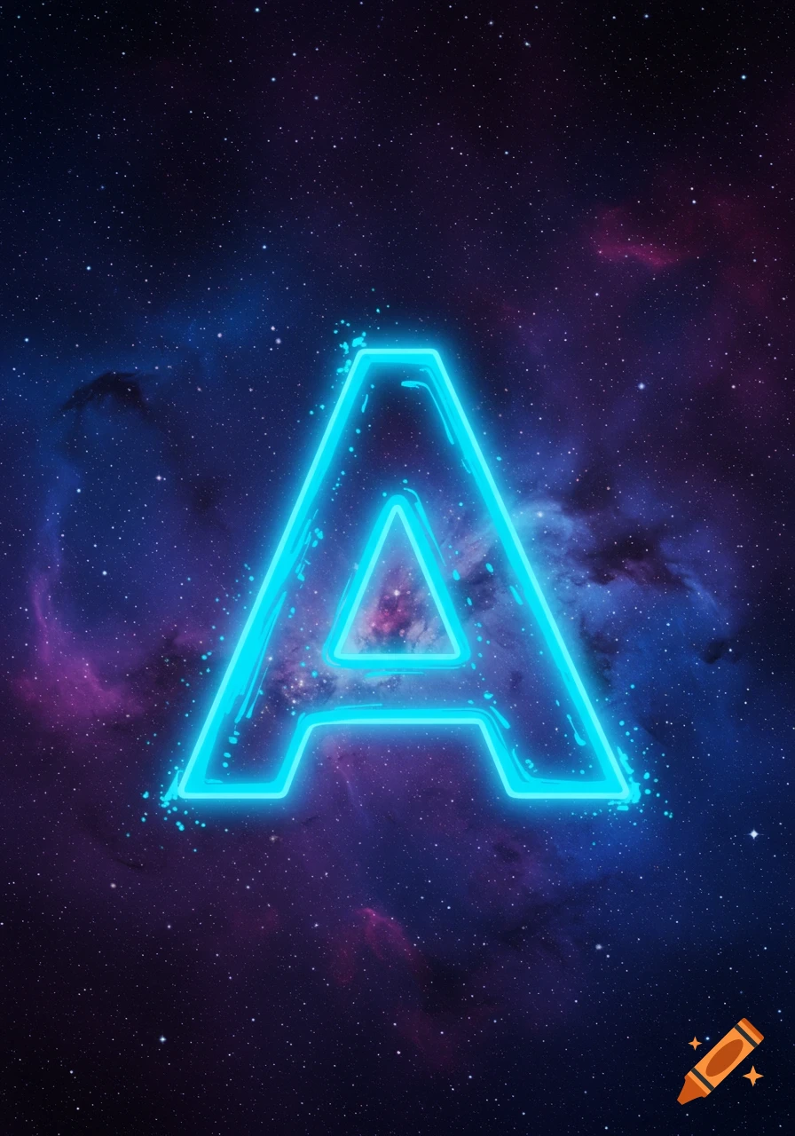 Glowing blue letter A in deep space with stars and nebulas.