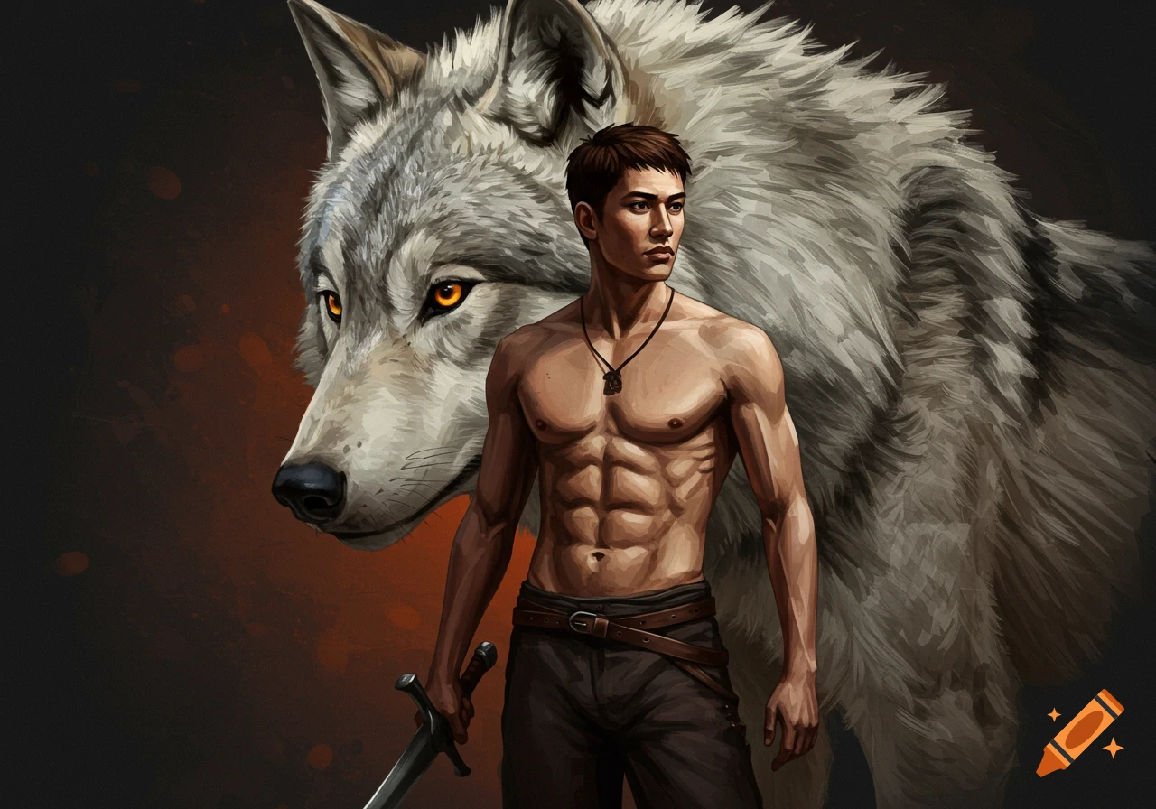A shirtless man stands in front of a large wolf.