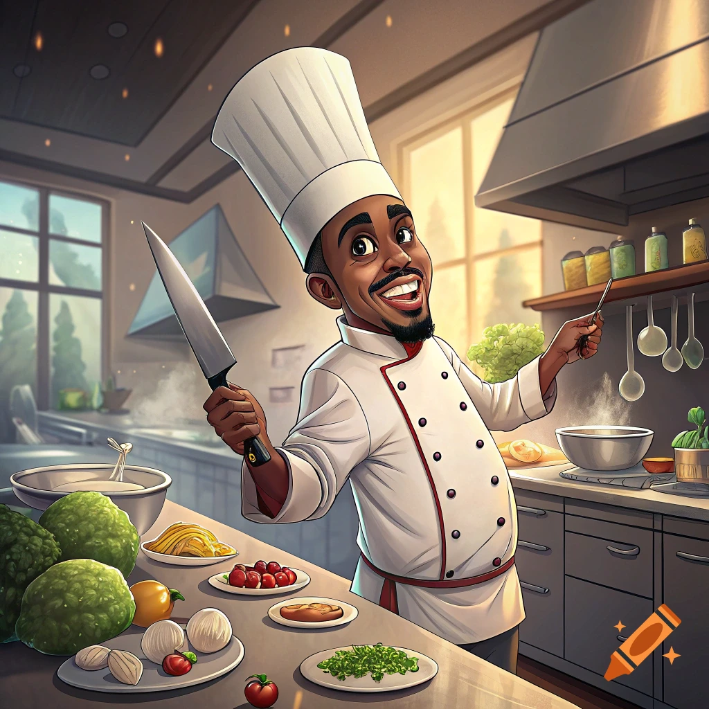 Cartoon illustration of a cheerful chef holding a knife and spoon in a kitchen.