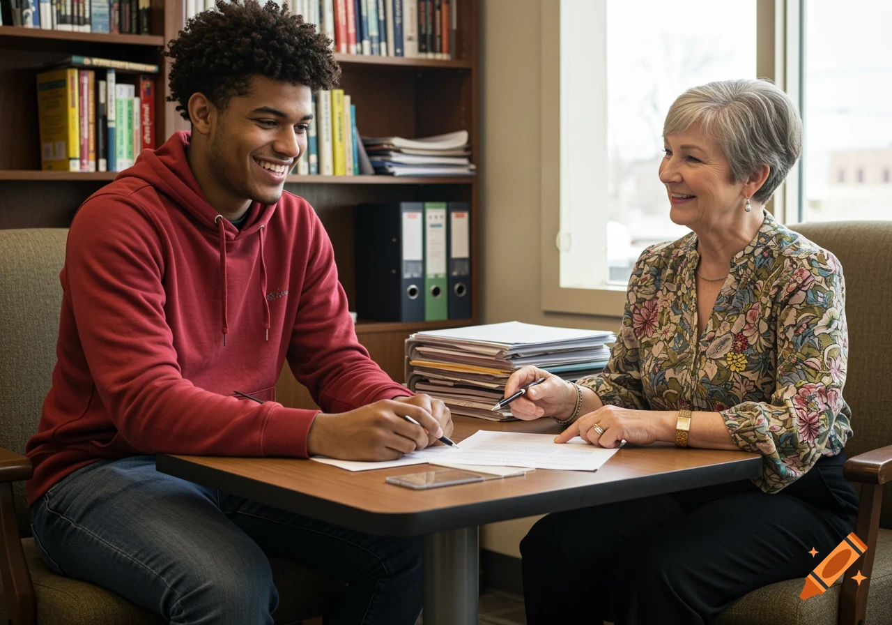A smiling student and advisor look at a document in an office