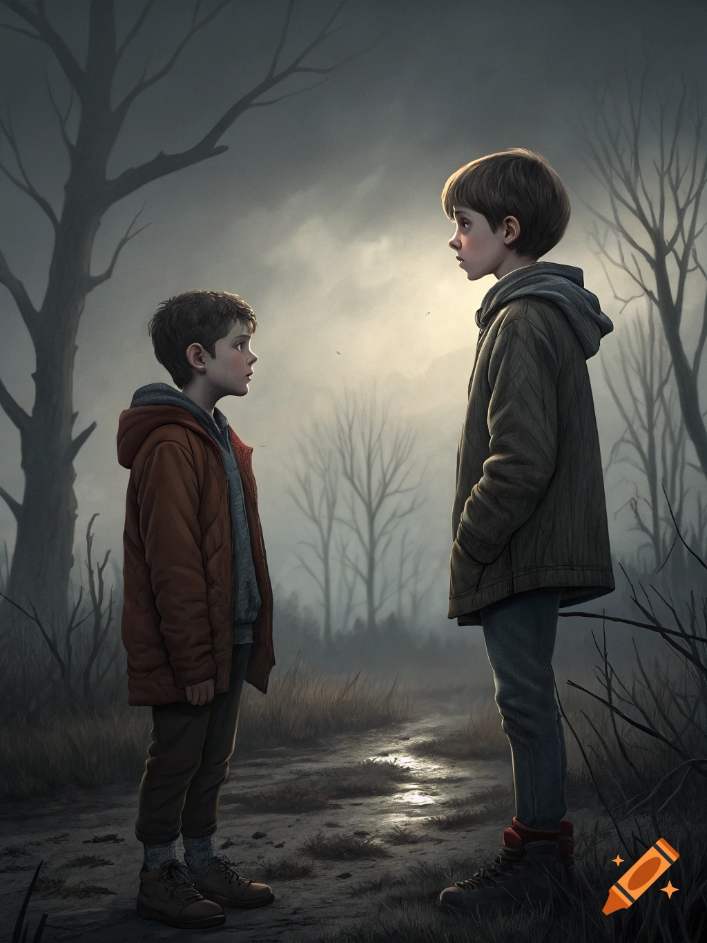 Two boys stand facing each other in a dark, misty forest.