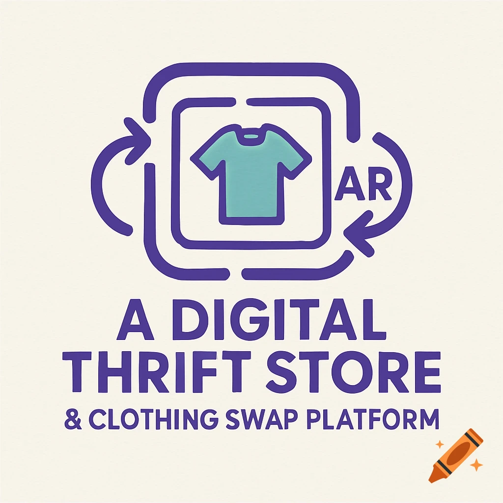 Logo with a t-shirt icon, circular arrows, and text 'AR A DIGITAL THRIFT STORE & CLOTHING SWAP PLATFORM'.