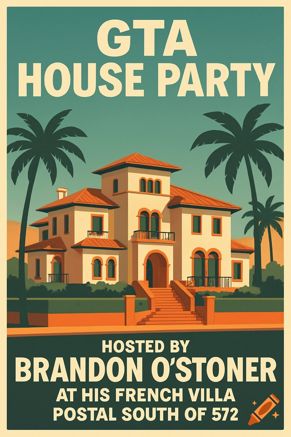 Vector art poster for a GTA House Party featuring a villa and palm trees.