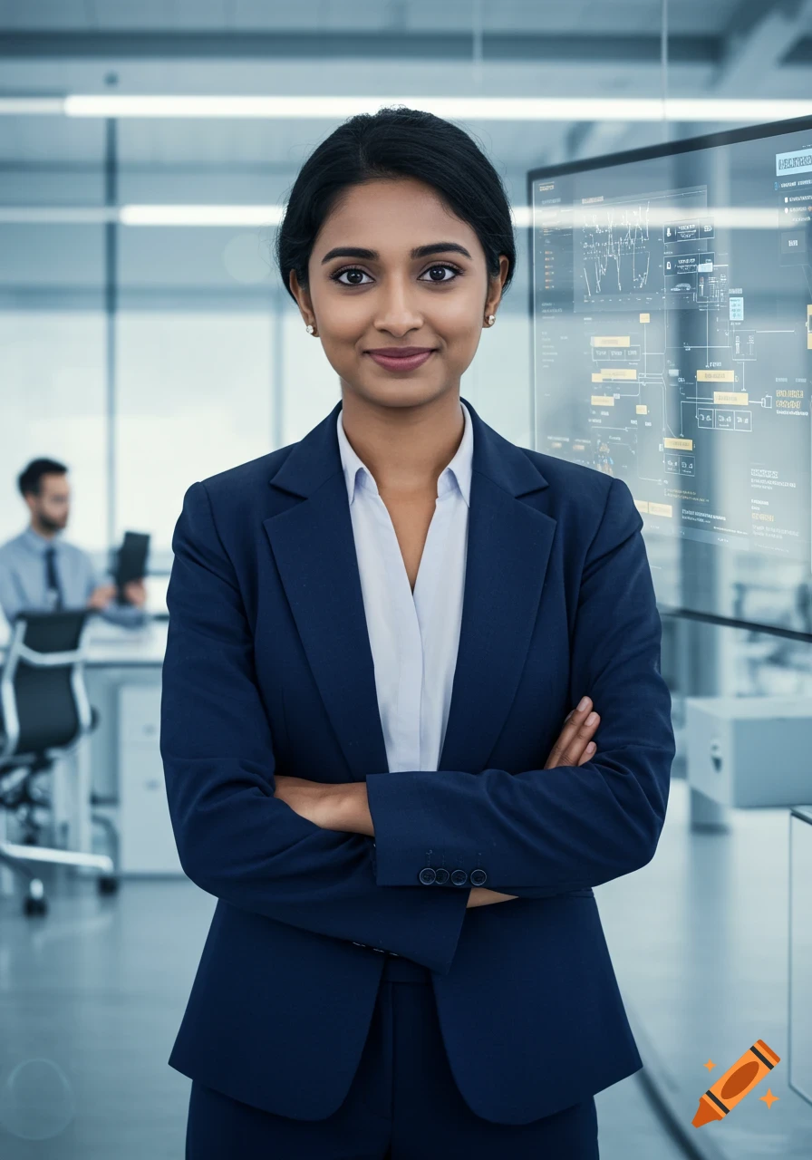 A professional woman in a suit stands in an office with a data screen behind her.