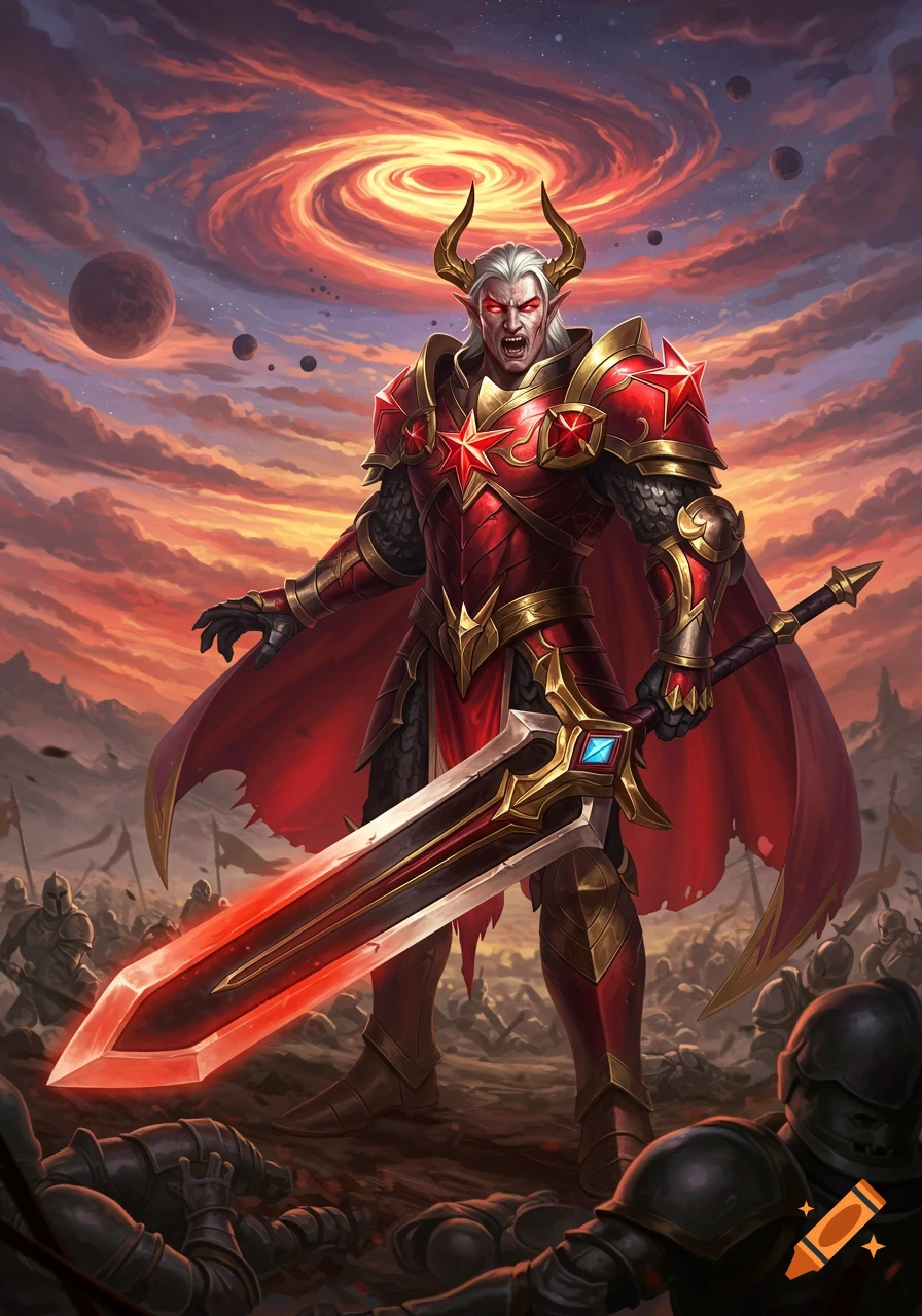 A demonic knight in red armor with a large sword on a battlefield under a swirling sky.